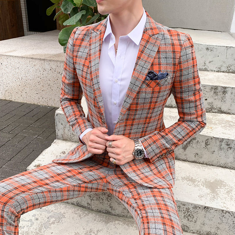 Plaid Check Single Breasted Business Slim Casual Style Men Suit