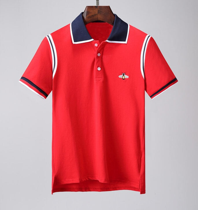 Red Polo Shirt with Navy Blue Collar and Bee Embroidery