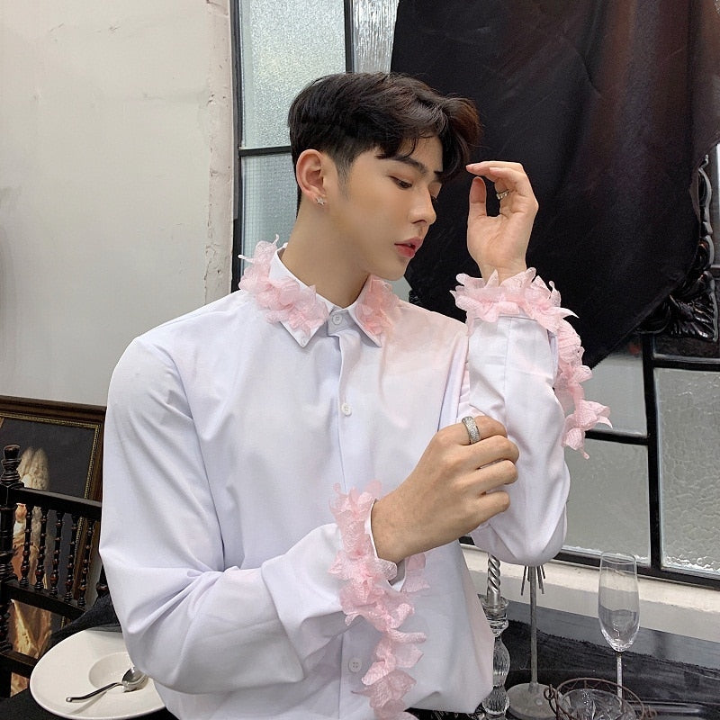 White Long Sleeves with Spring Pink Flower Detail Men Shirts