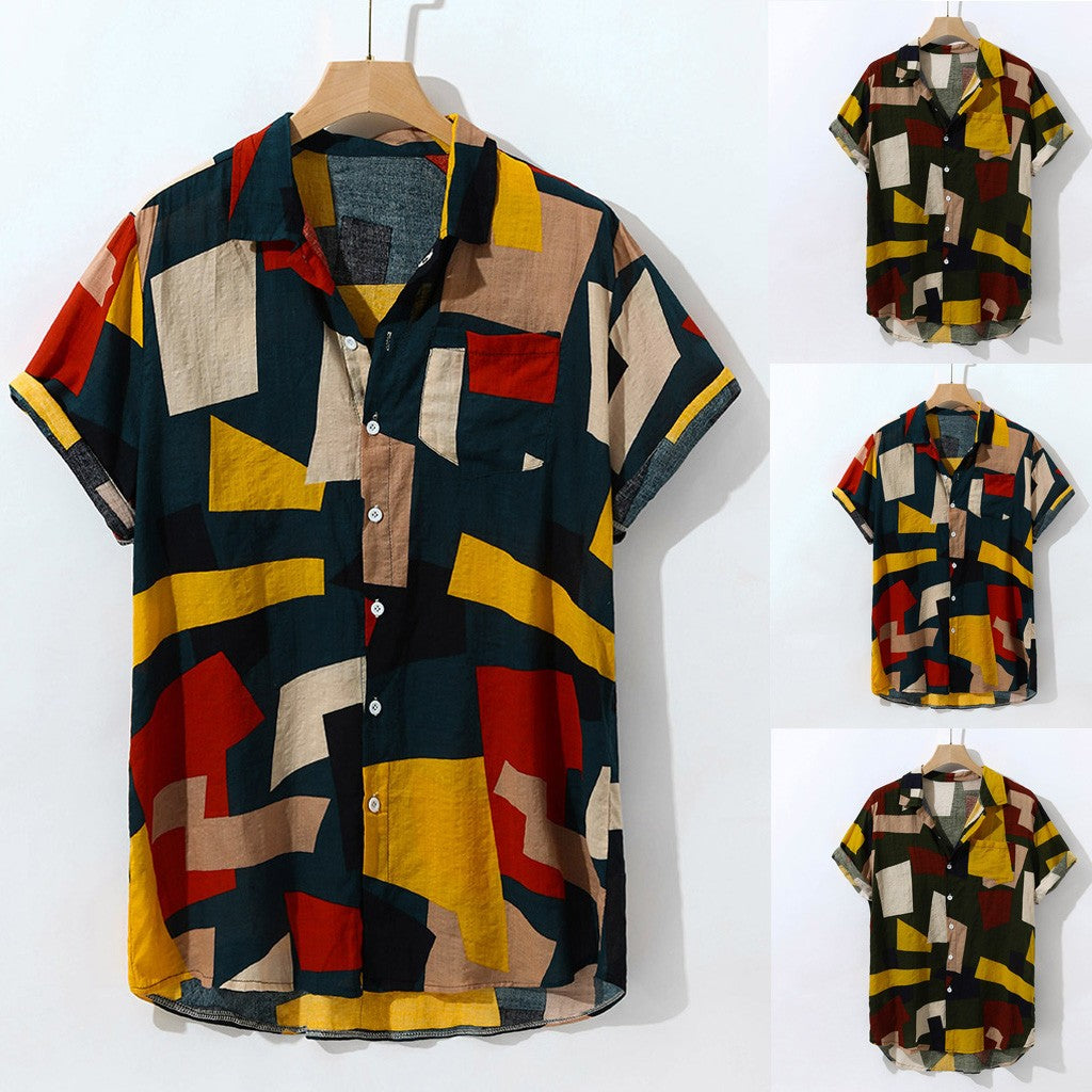 Summer Geometric Printed Loose Short Sleeve Casual Style Men Shirt