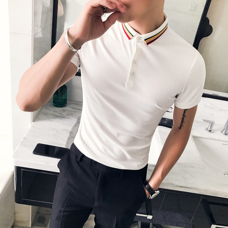 Black White Short Sleeve Rainbow Collar Men Polo Shirt - FanFreakz