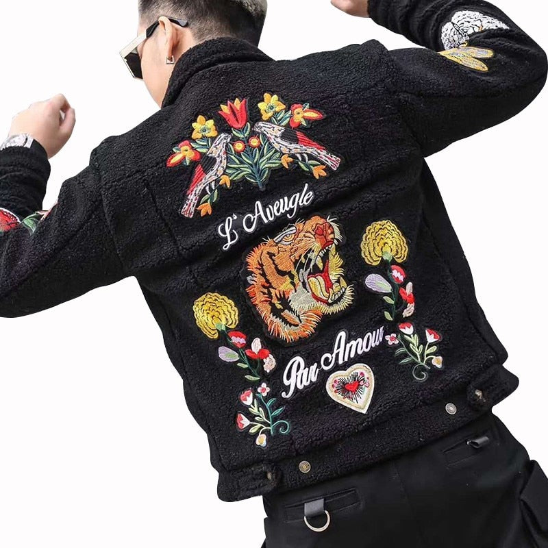 Tiger Head and Living Things Embroidery Details Men Jacket