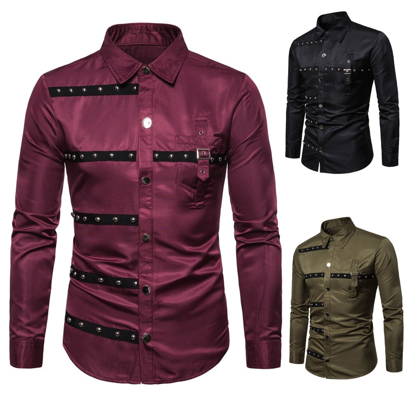 Cotton Polyester Gothic Style Rivet Long Sleeve Shirt