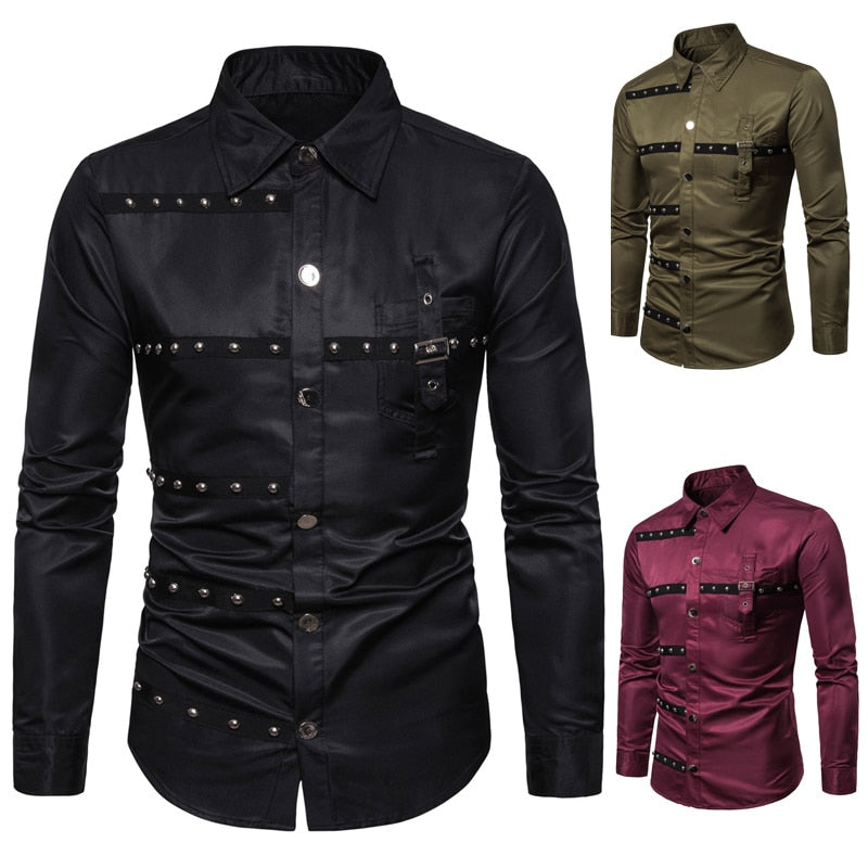 Cotton Polyester Gothic Style Rivet Long Sleeve Shirt