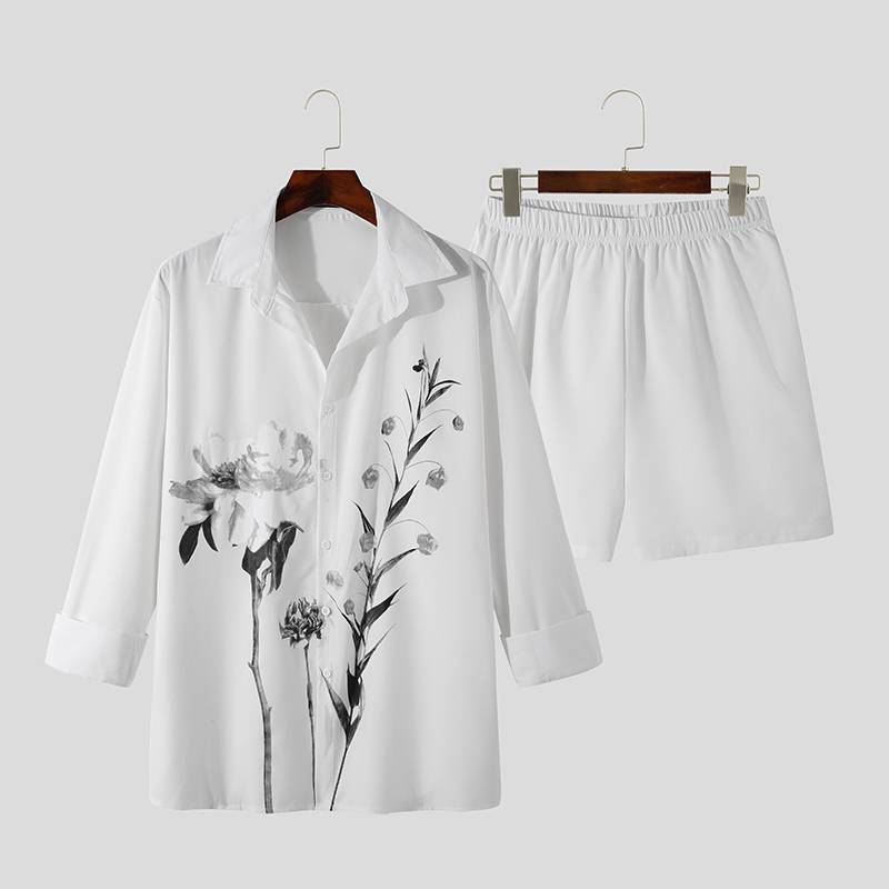 White Black Leaves Printed Long Sleeve Shirt Short Sets