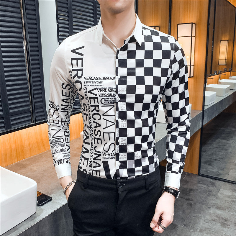 Black White Pop Print Slim Fit Long Sleeve Casual Men Shirts