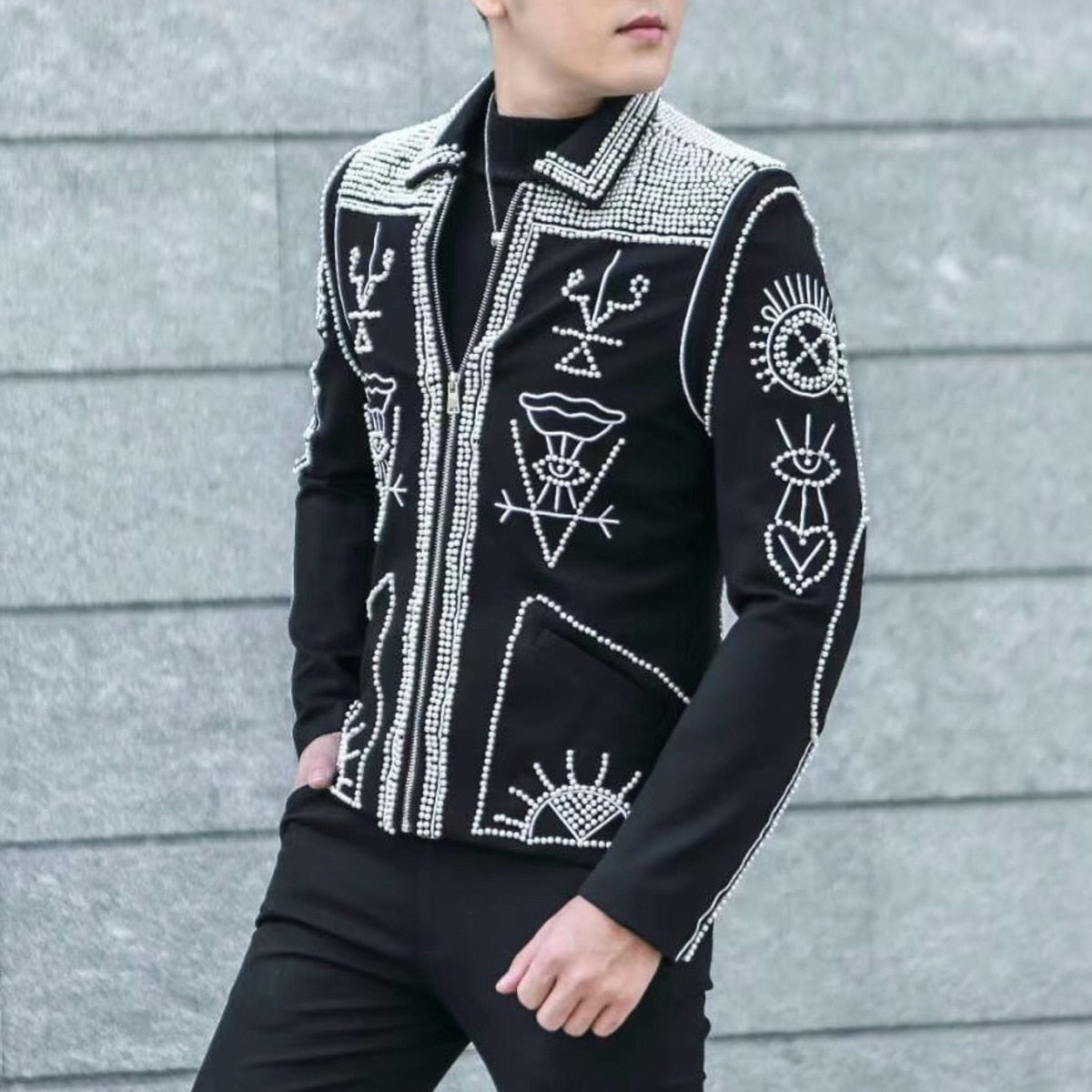 Black Beaded Embroidered Polyester Nylon Jacket