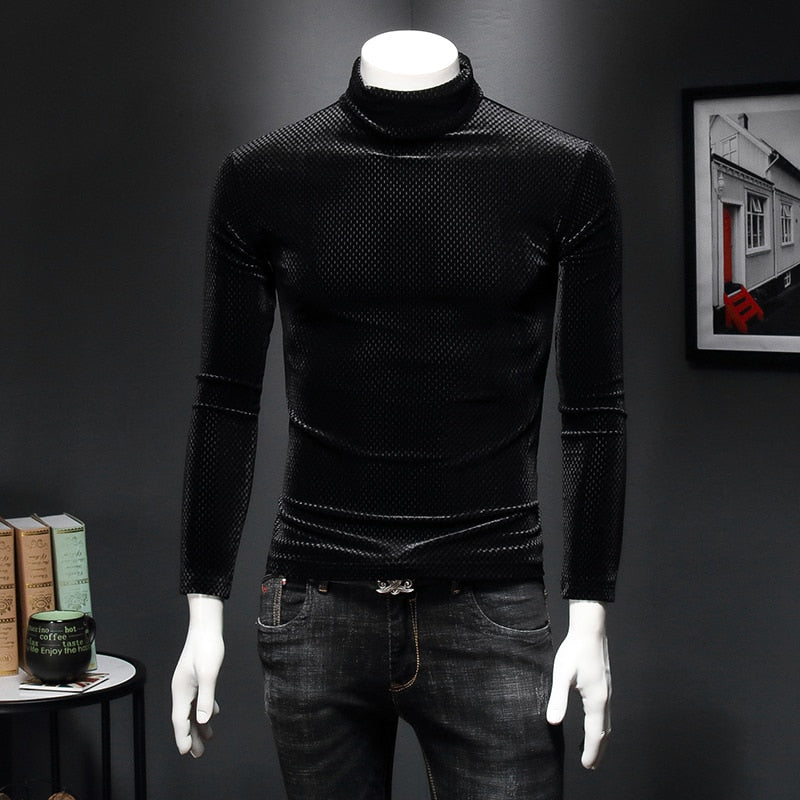 Plain Black Turtleneck Velour Shirt