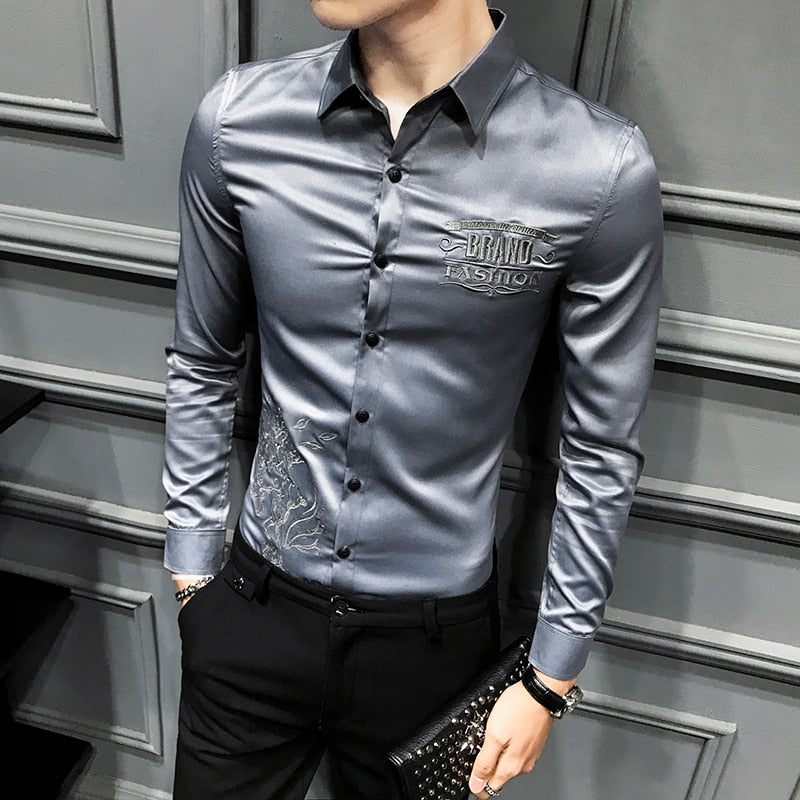 Solid Color with Embroidery Details Long Sleeve Casual Slim Fit Men Shirts