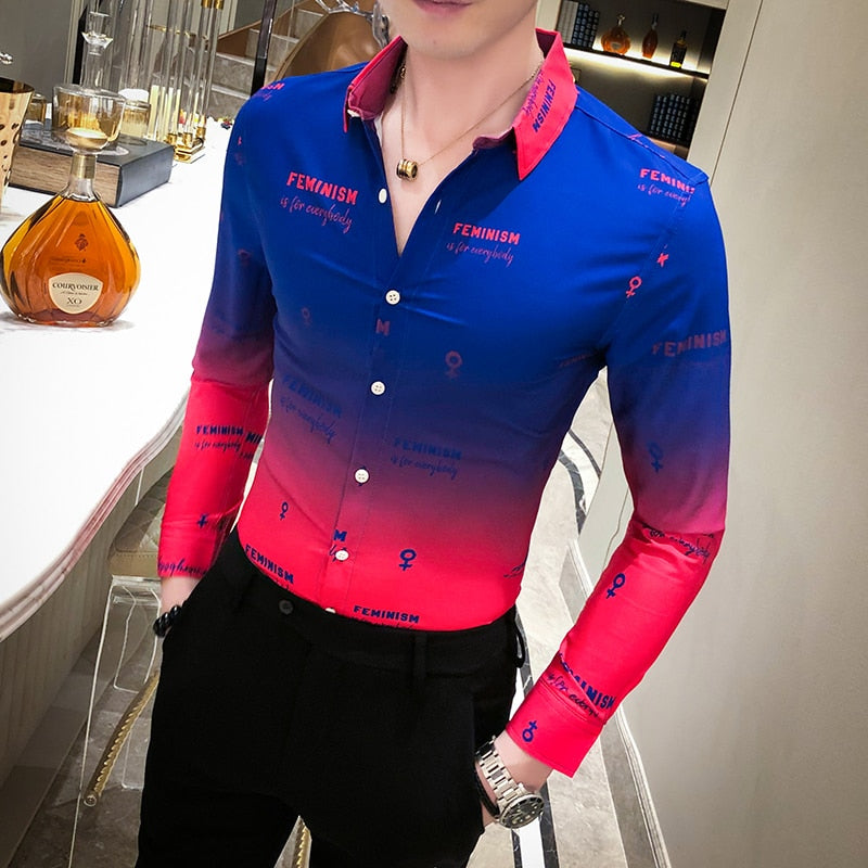 Long Sleeve Multicolor Gradient Slim Fit Men Shirt