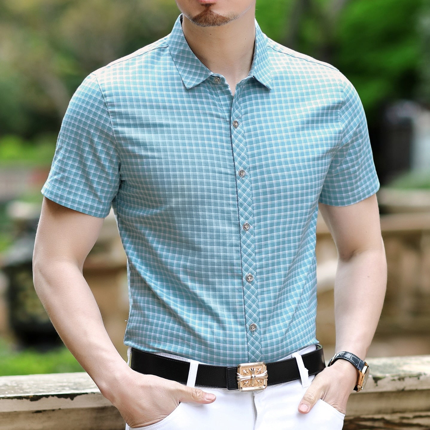 Pastel Color Short Sleeve Men Plaid Shirt