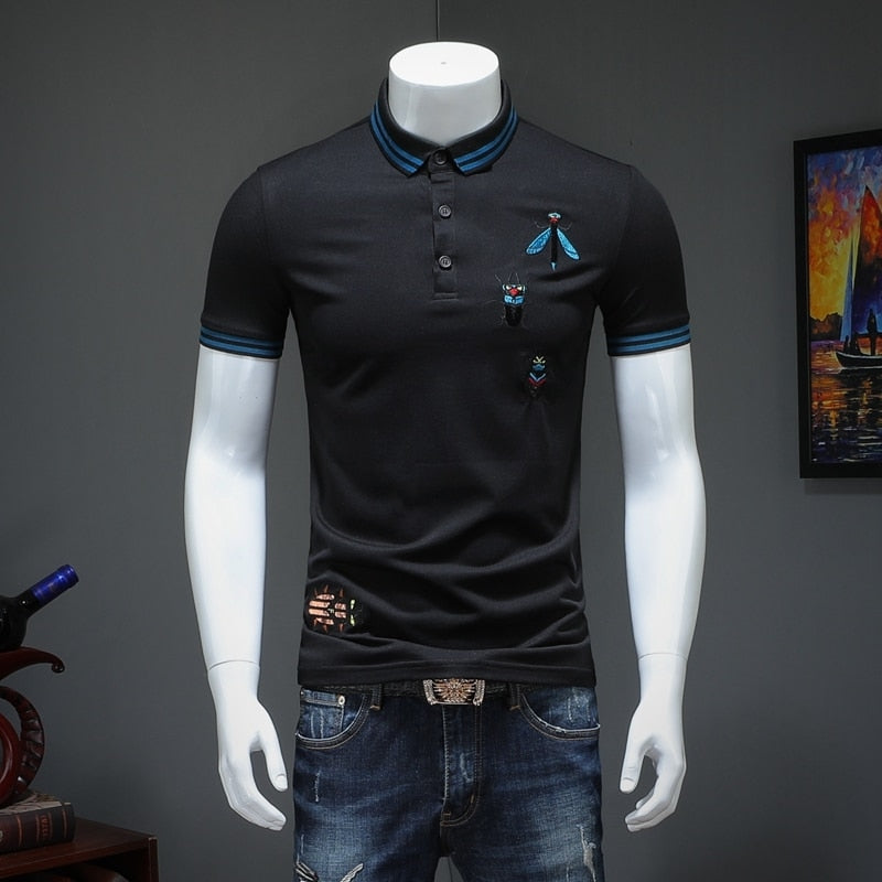 Summer Short Sleeve Embroidery Bee Turndown Collar Men Polo Shirt