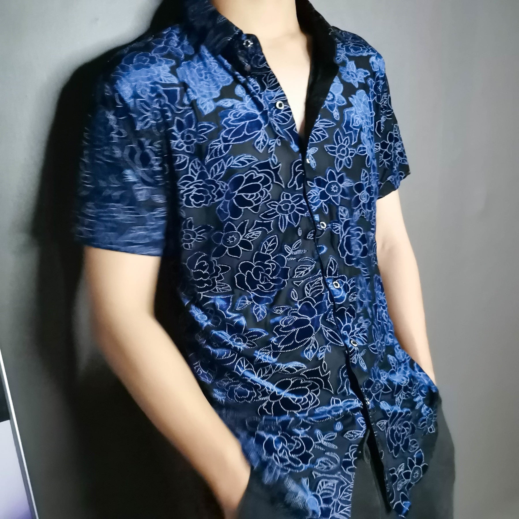 Blue Flower Embroidered Transparent Shirt