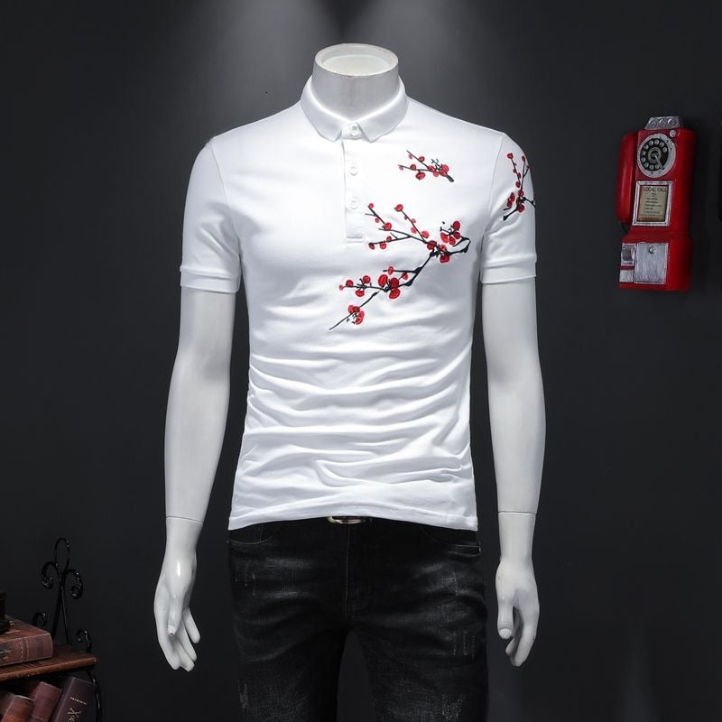 Red Floral Embroidery Style Polo Shirt