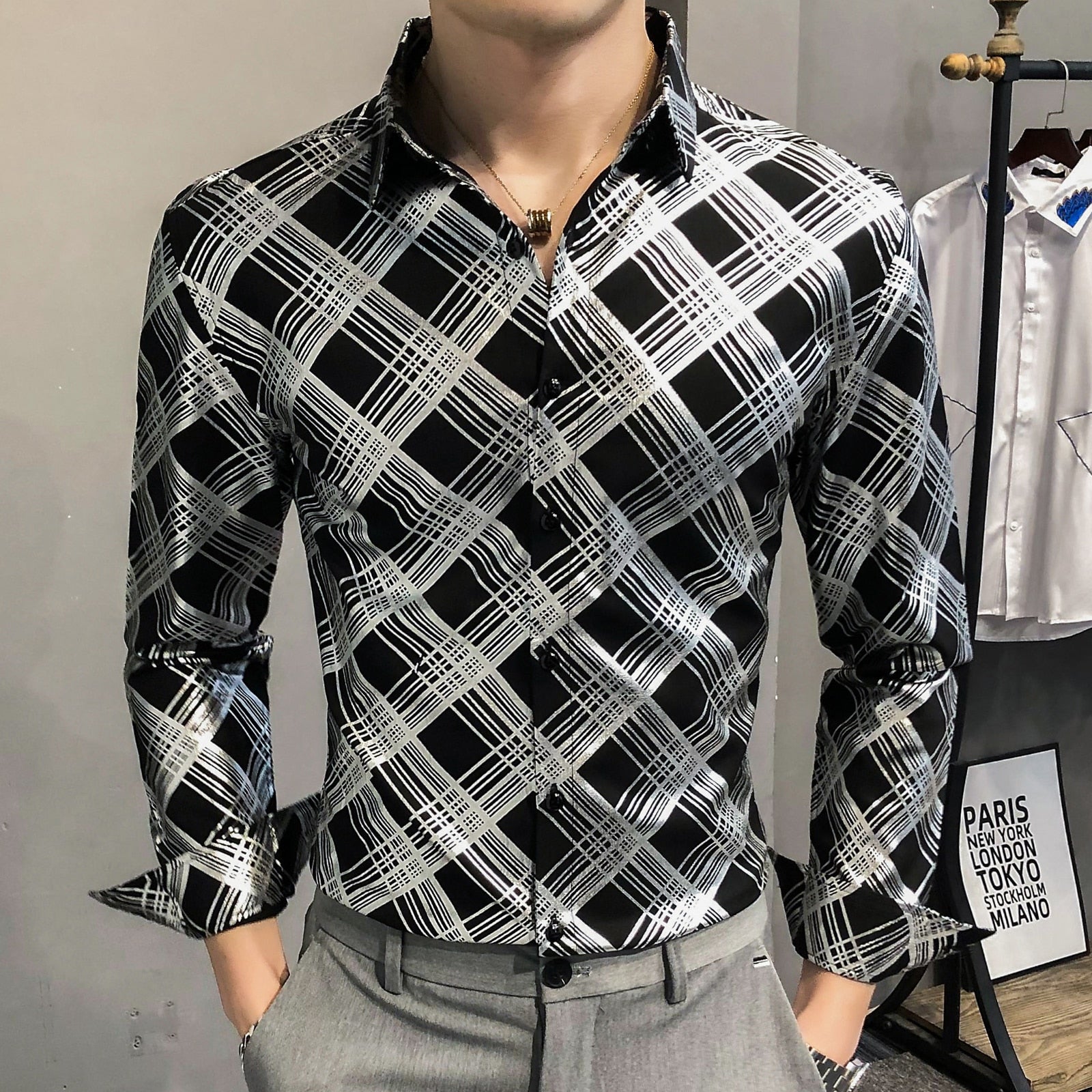 Diagonal Lattice Printed Long-Sleeved Shirts