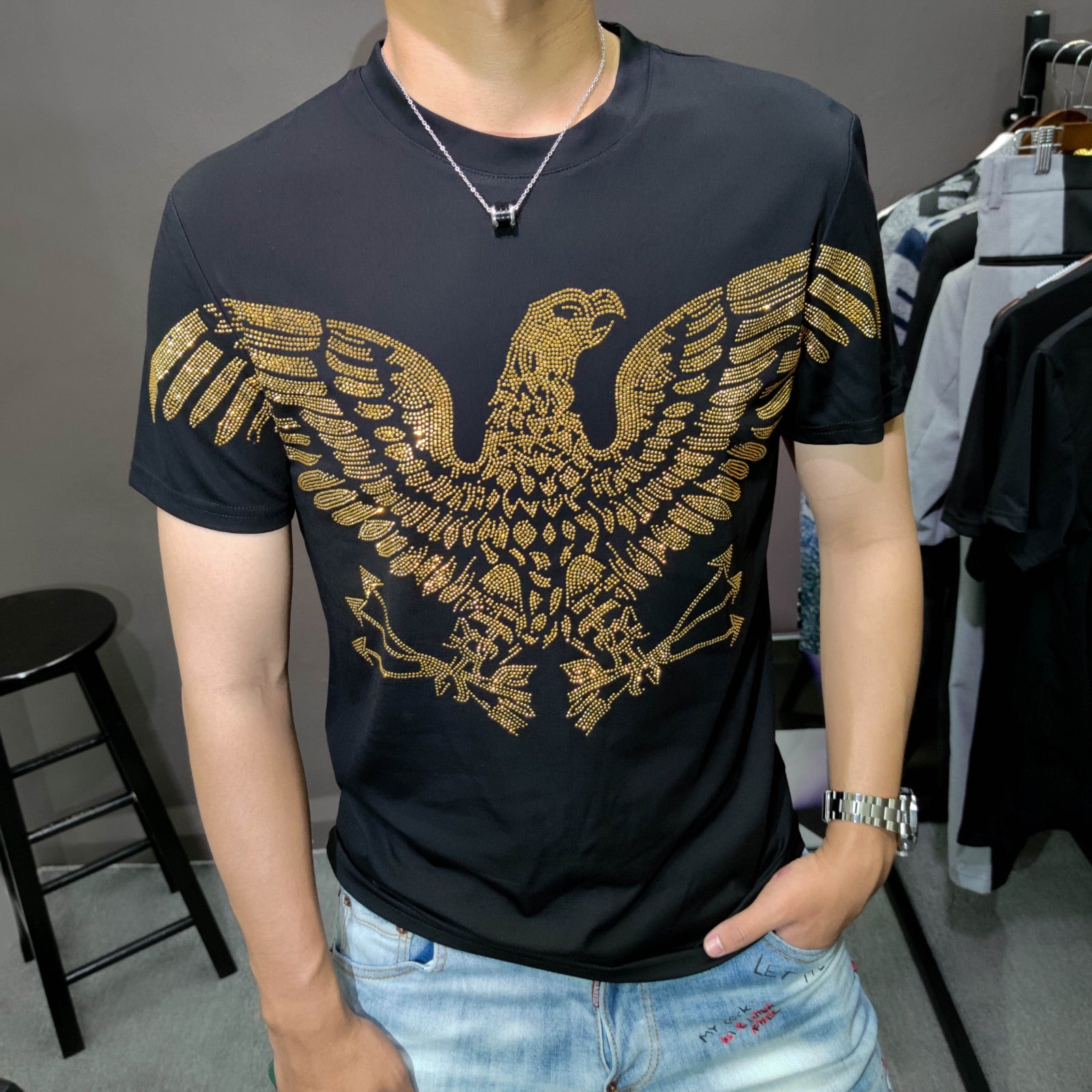 Soaring Eagle Rhinestones Decorated Streetwear T-Shirt