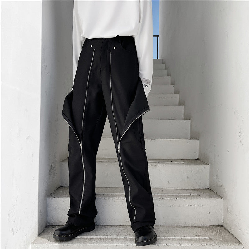 Multi Zipper Deco Solid Straight Pants