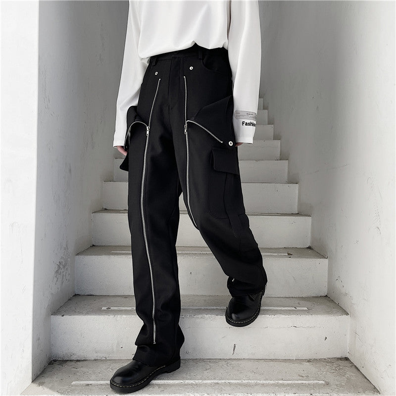 Multi Zipper Deco Solid Straight Pants