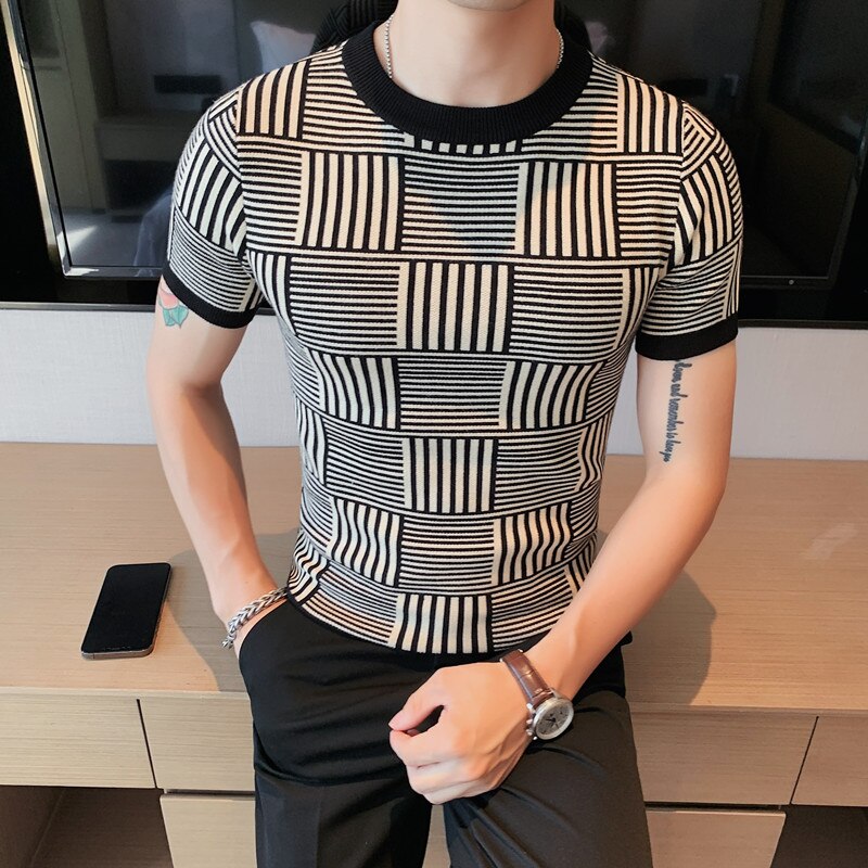 Contras Plaid Color Striped O-Neck T-Shirt