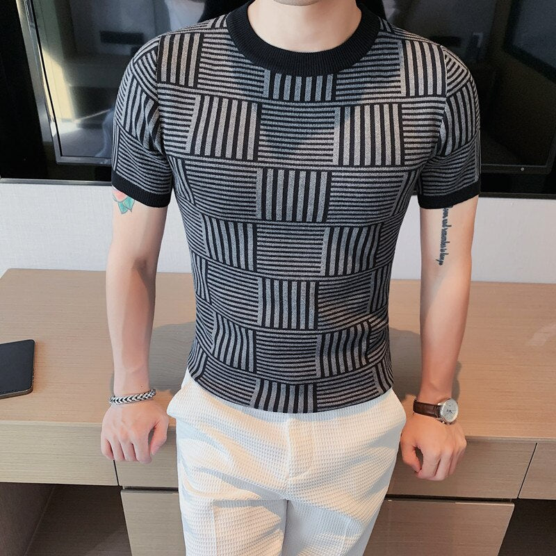 Contras Plaid Color Striped O-Neck T-Shirt