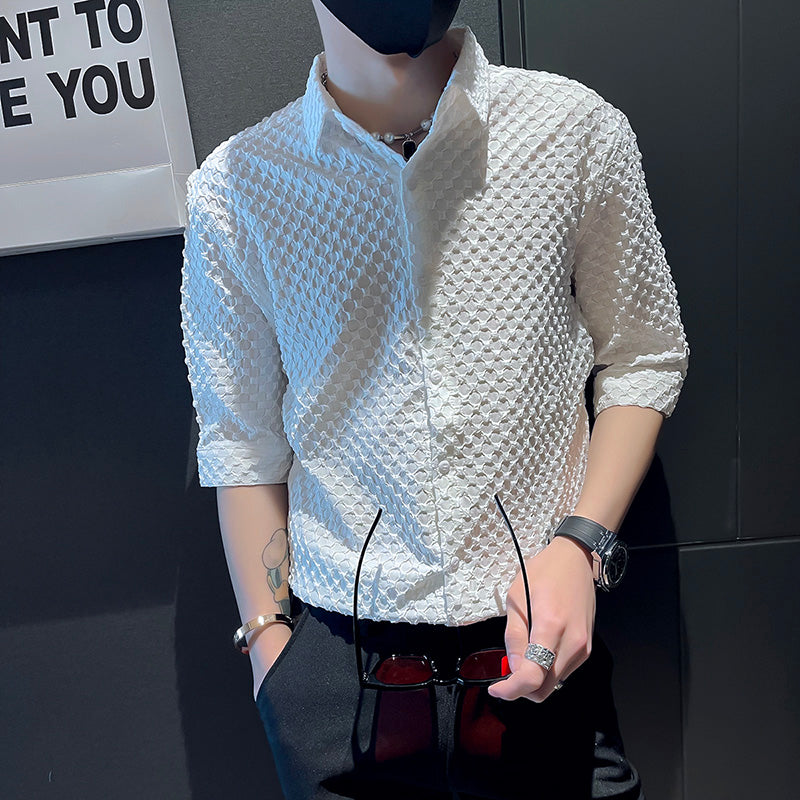 Lattice Pattern Half Sleeve Polyester Shirt