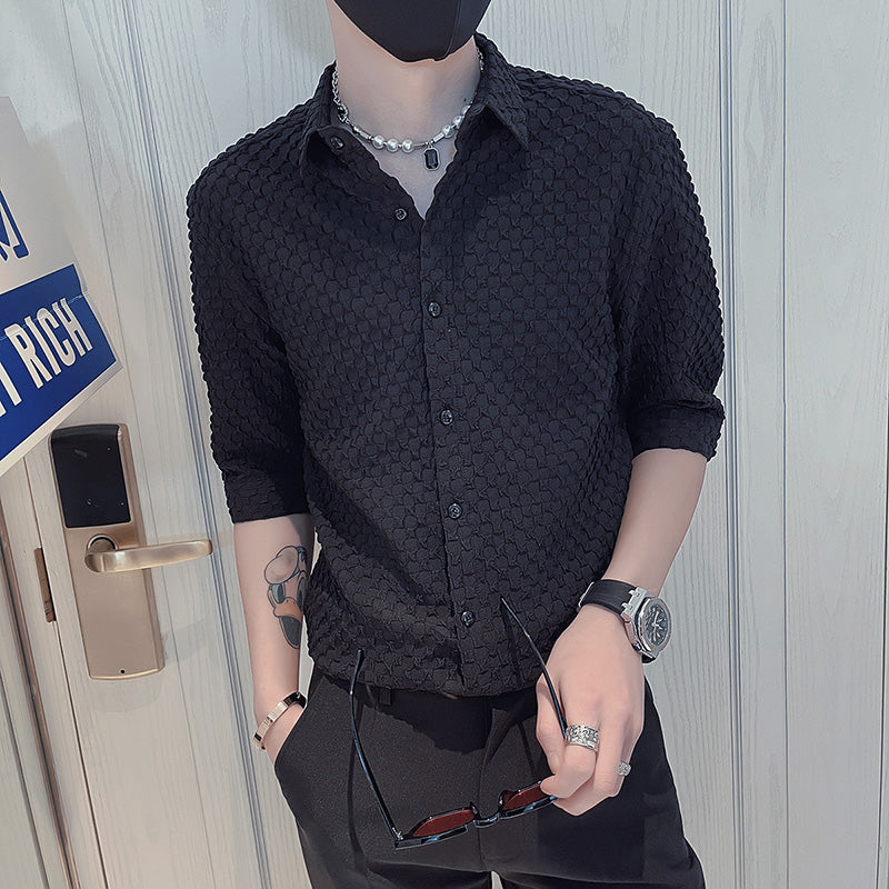 Lattice Pattern Half Sleeve Polyester Shirt