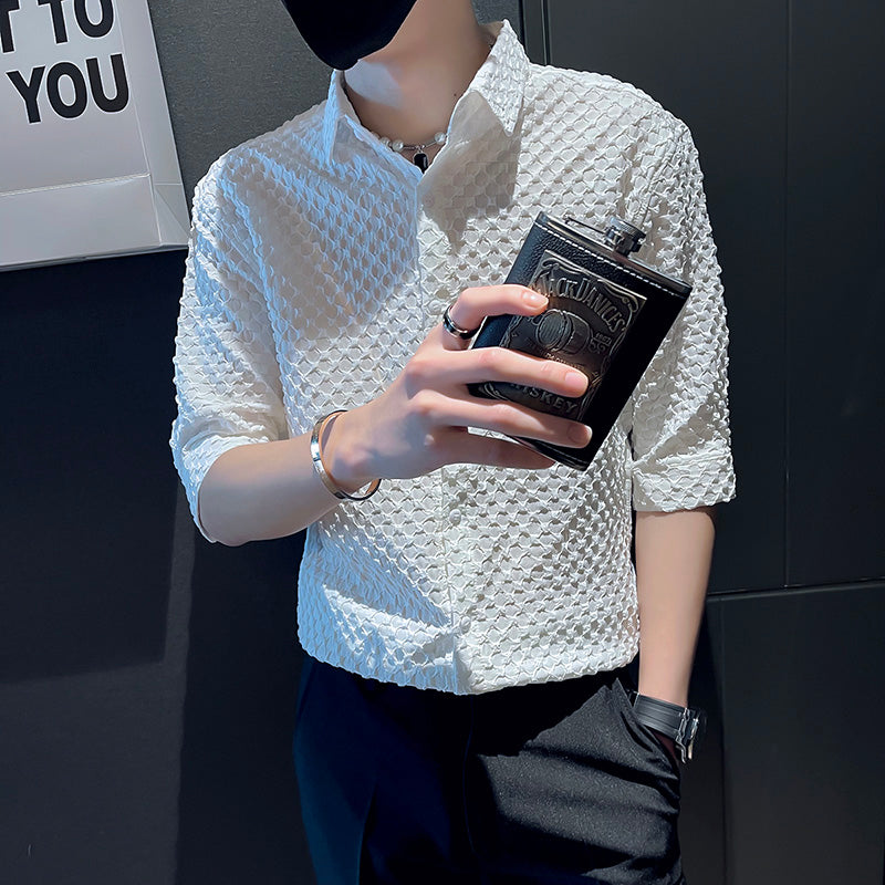 Lattice Pattern Half Sleeve Polyester Shirt