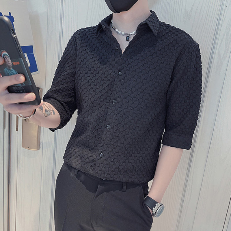 Lattice Pattern Half Sleeve Polyester Shirt