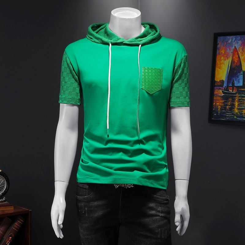 Monocolor Green Woven Pattern Hooded T-Shirt