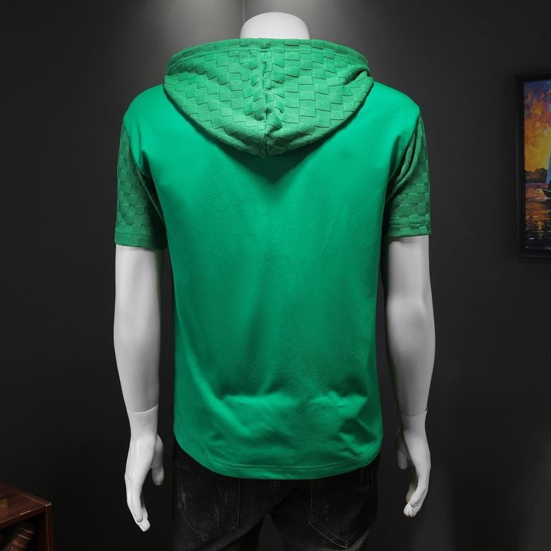 Monocolor Green Woven Pattern Hooded T-Shirt