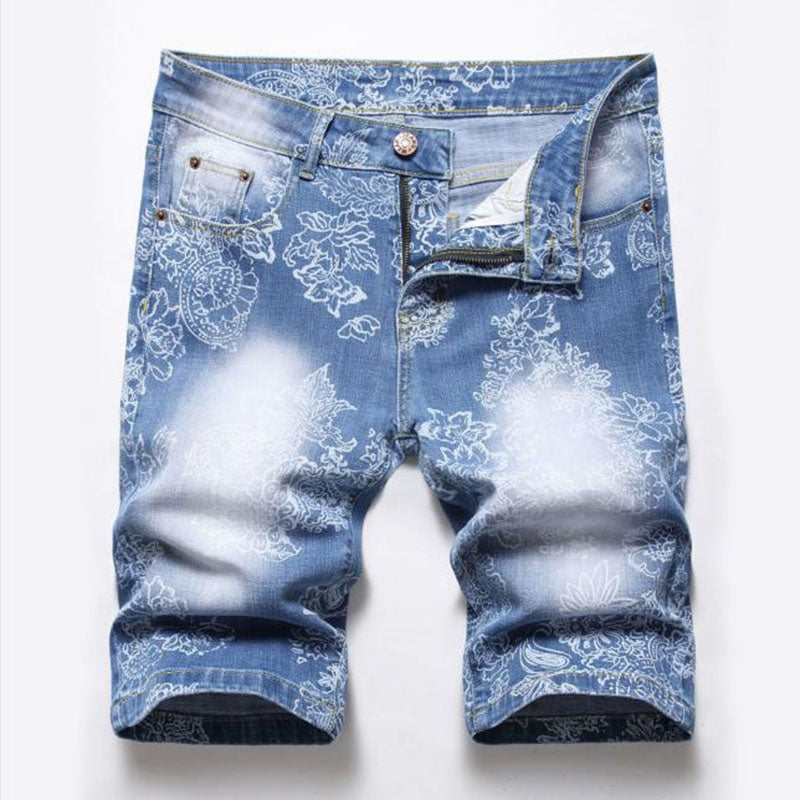 Flower Thin Printed Denim Short Jeans