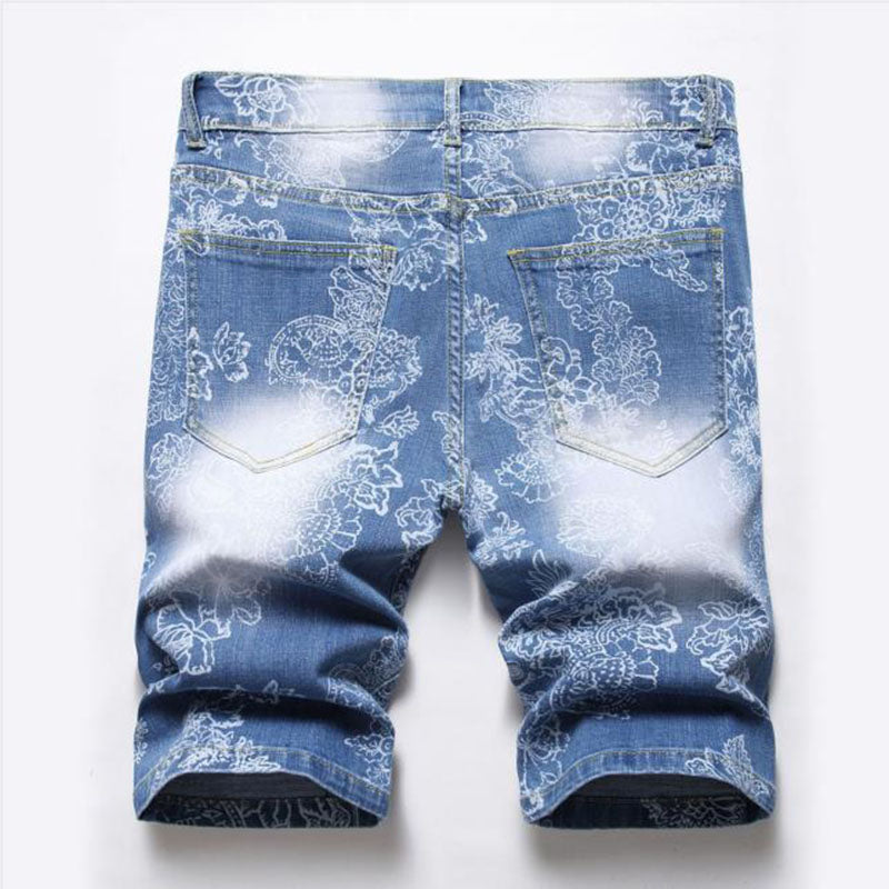 Flower Thin Printed Denim Short Jeans