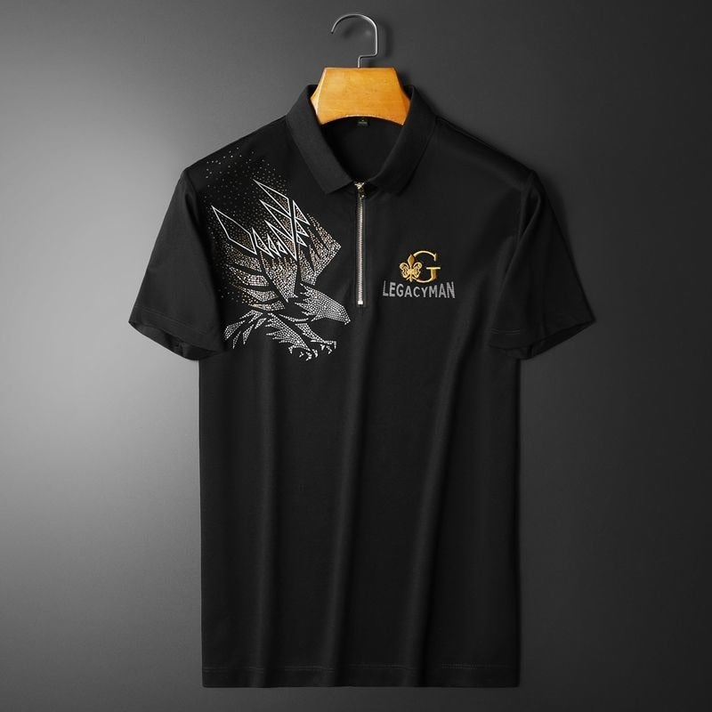 Embroidered Eagle Rhinestones Shorts Sleeve Polo Shirt