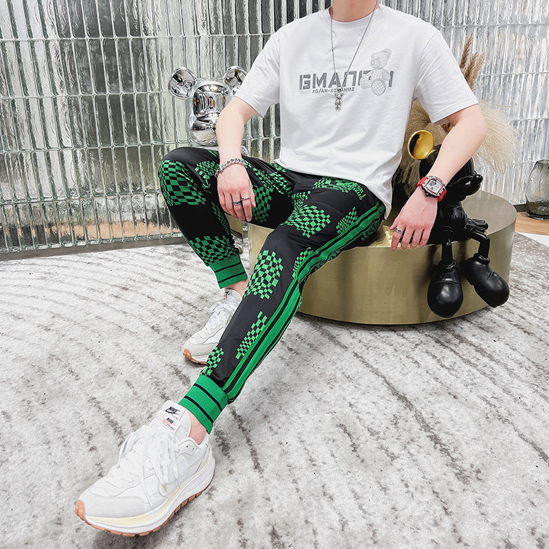 Black Green Geometric Checkered Embroidered Jogger Pants