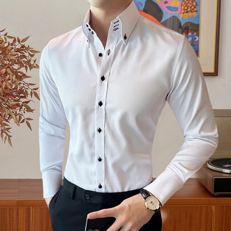 Fashion Solid 3 Button Collar Slim Shirt