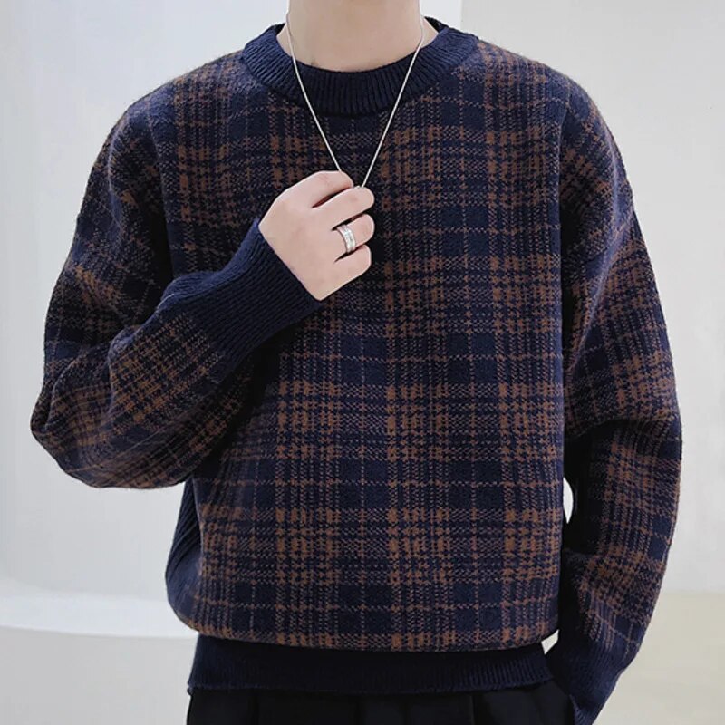 Knitted Round Neck Plaid Contrast Sweater