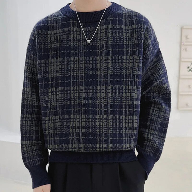 Knitted Round Neck Plaid Contrast Sweater