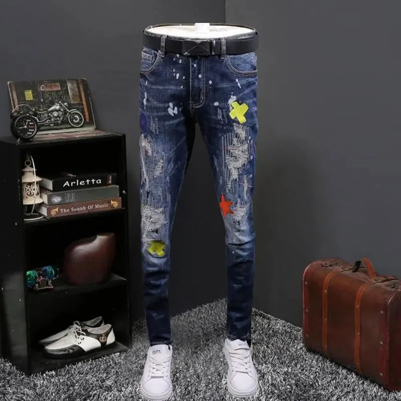 Blue Ripped Patchwork Slim Fit Jeans