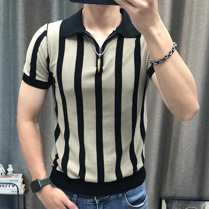 Casual Zipper Contrast Striped Polo Shirt