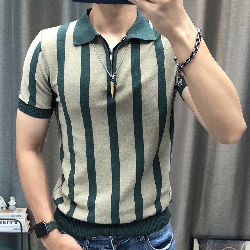 Casual Zipper Contrast Striped Polo Shirt