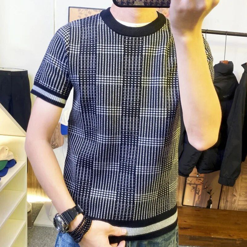 Knitted Striped Plaid Round Neck T-Shirt