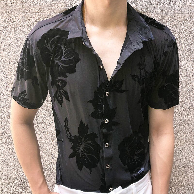 Velvet Floral See Through Short Sleeve Shirt