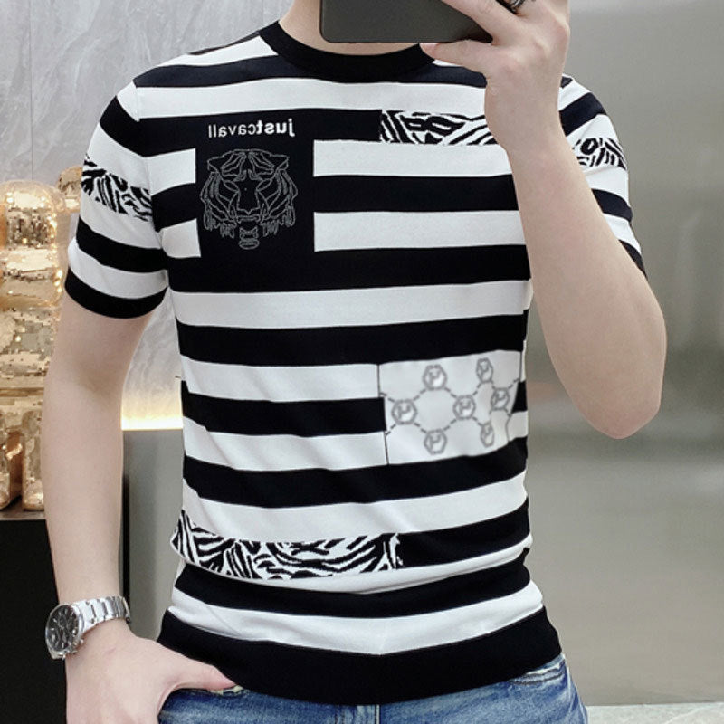 Tiger Head Print Black White Stripe T-Shirt