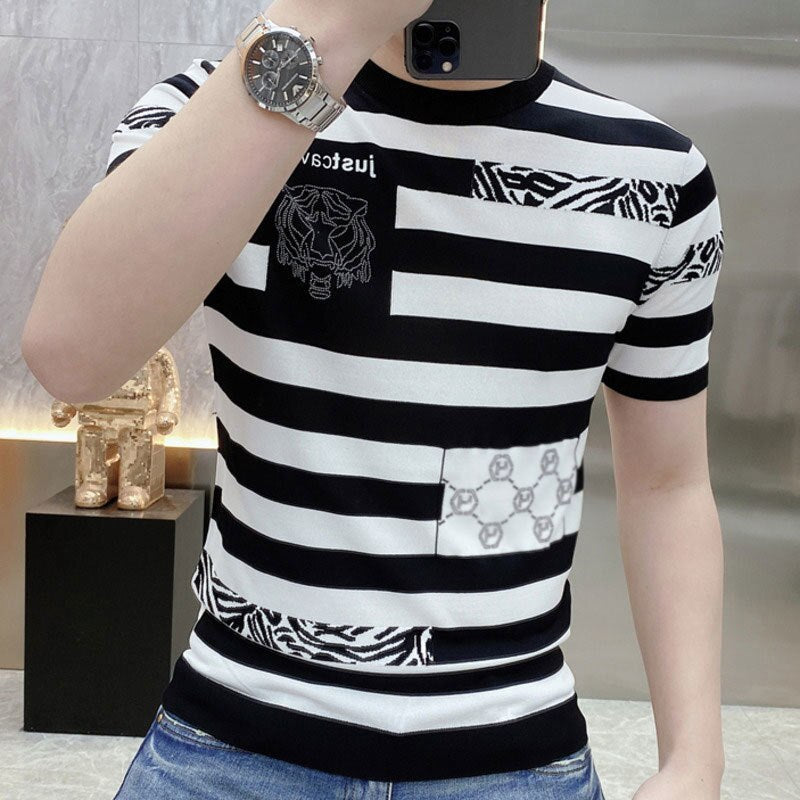 Tiger Head Print Black White Stripe T-Shirt