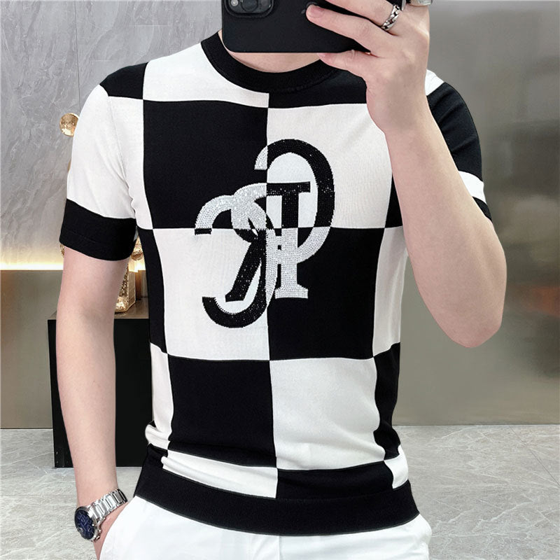 Urbane Contrast Plaid Letter Men T-Shirt