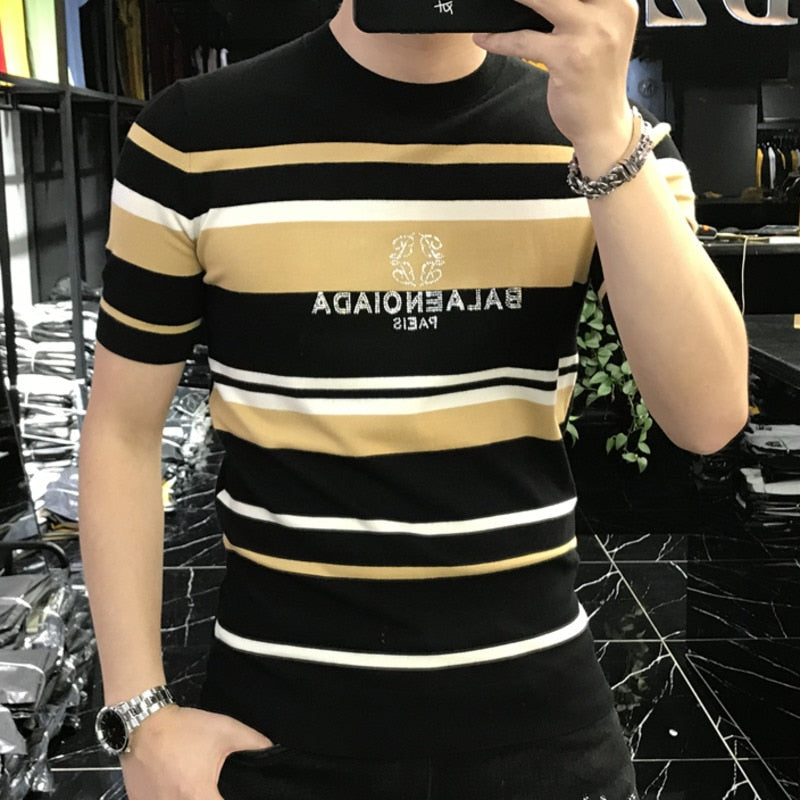 Rhinestone Striped Contrast Men T-Shirt