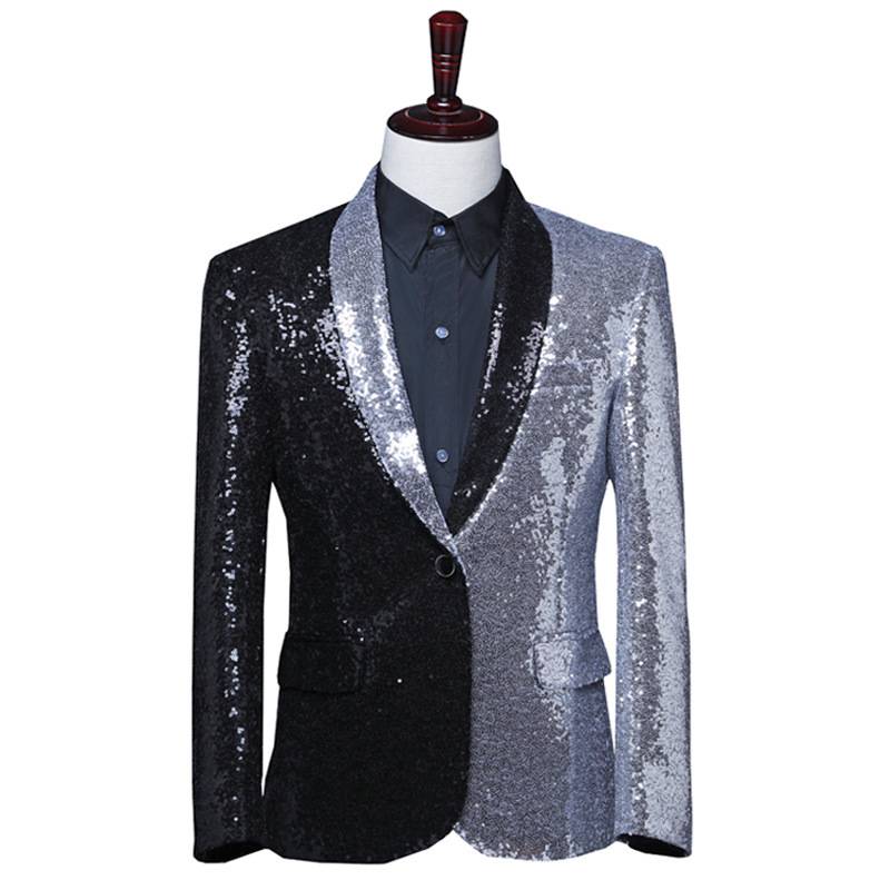 Black Silver Sequins Shawl Lapel Casual Men Blazer