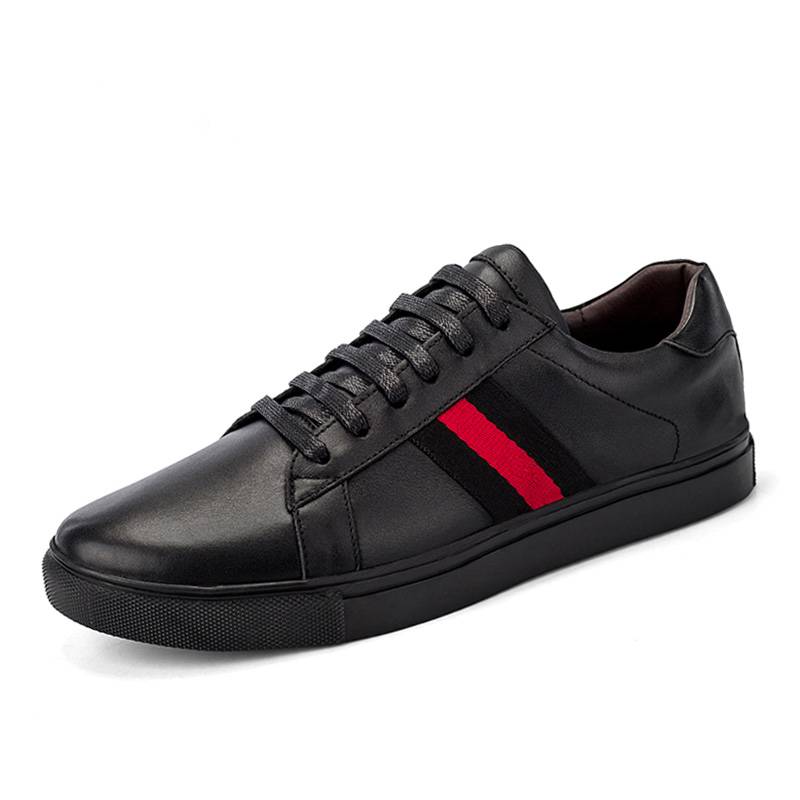 Black with Red Ribbon Casual Genuine Leather Men Sneaker