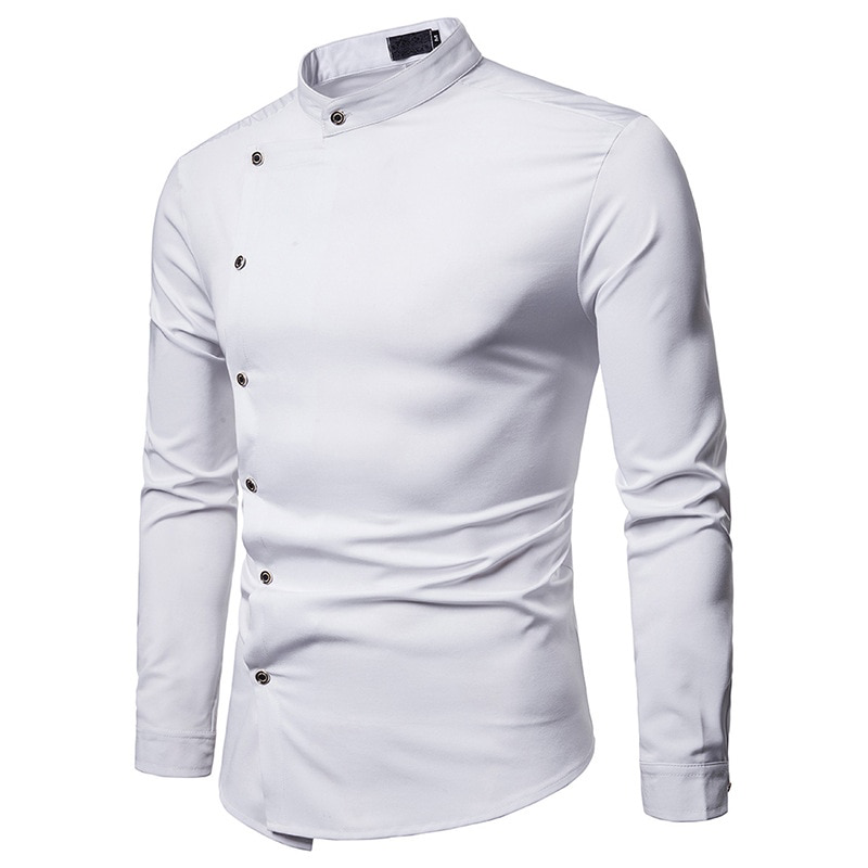 Solid White and Black Oblique Button Mandarin Collar Style Men Long Sleeve Shirt