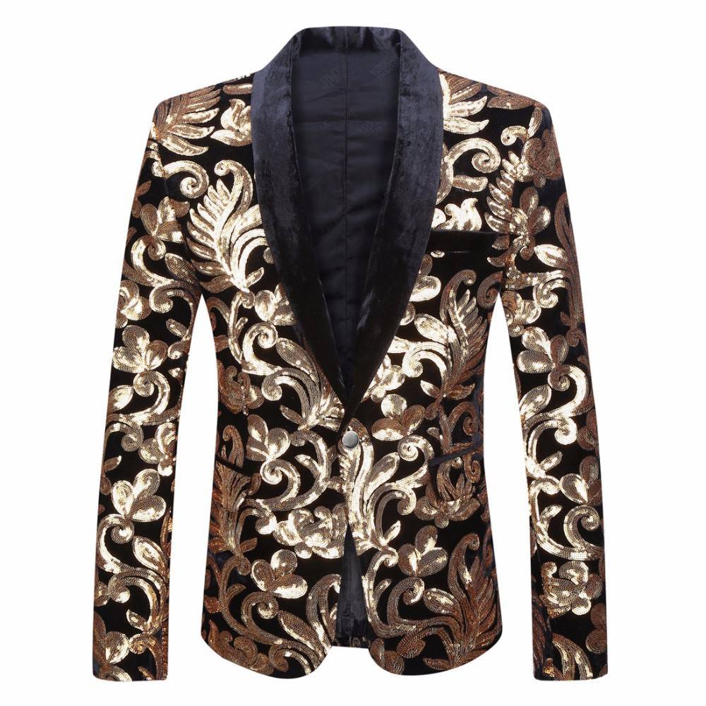 Shawl Lapel Velvet Gold Flowers Sequins Stage Singer Clothes Men Blazer